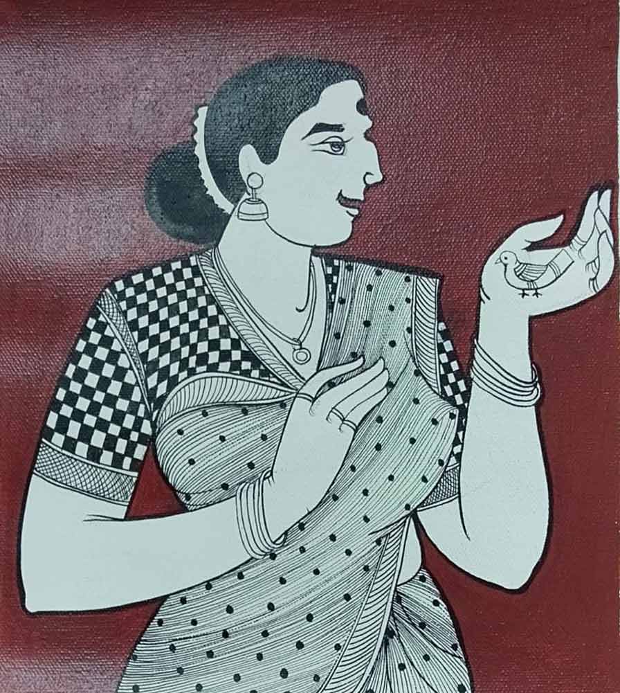 Figurative Drawing with Acrylic on Canvas "Village woman" art by Chinnaa Sreepathi