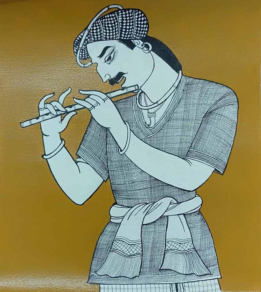 Figurative Drawing with Acrylic on Canvas "Village man with flute" art by Chinnaa  Sreepathi
