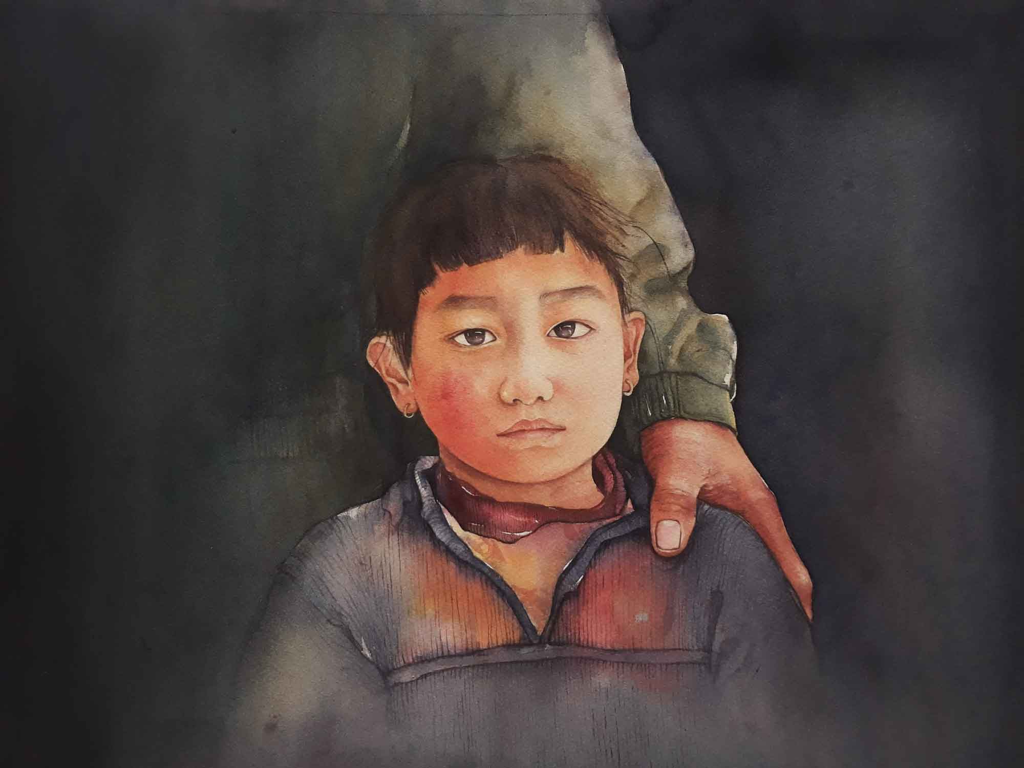 Realism Painting with Watercolor on Paper "Support" art by Jamuna Gurung