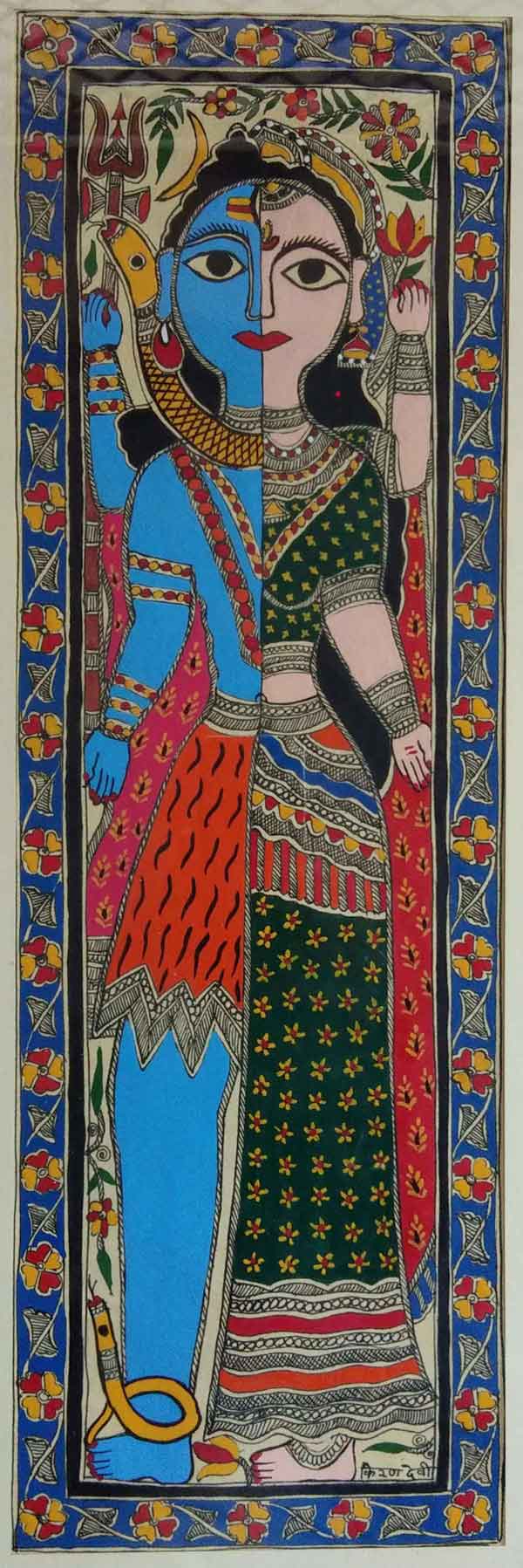 Folk Painting with Natural colour on Paper "Shiv-Parvati" art by Kiran Devi