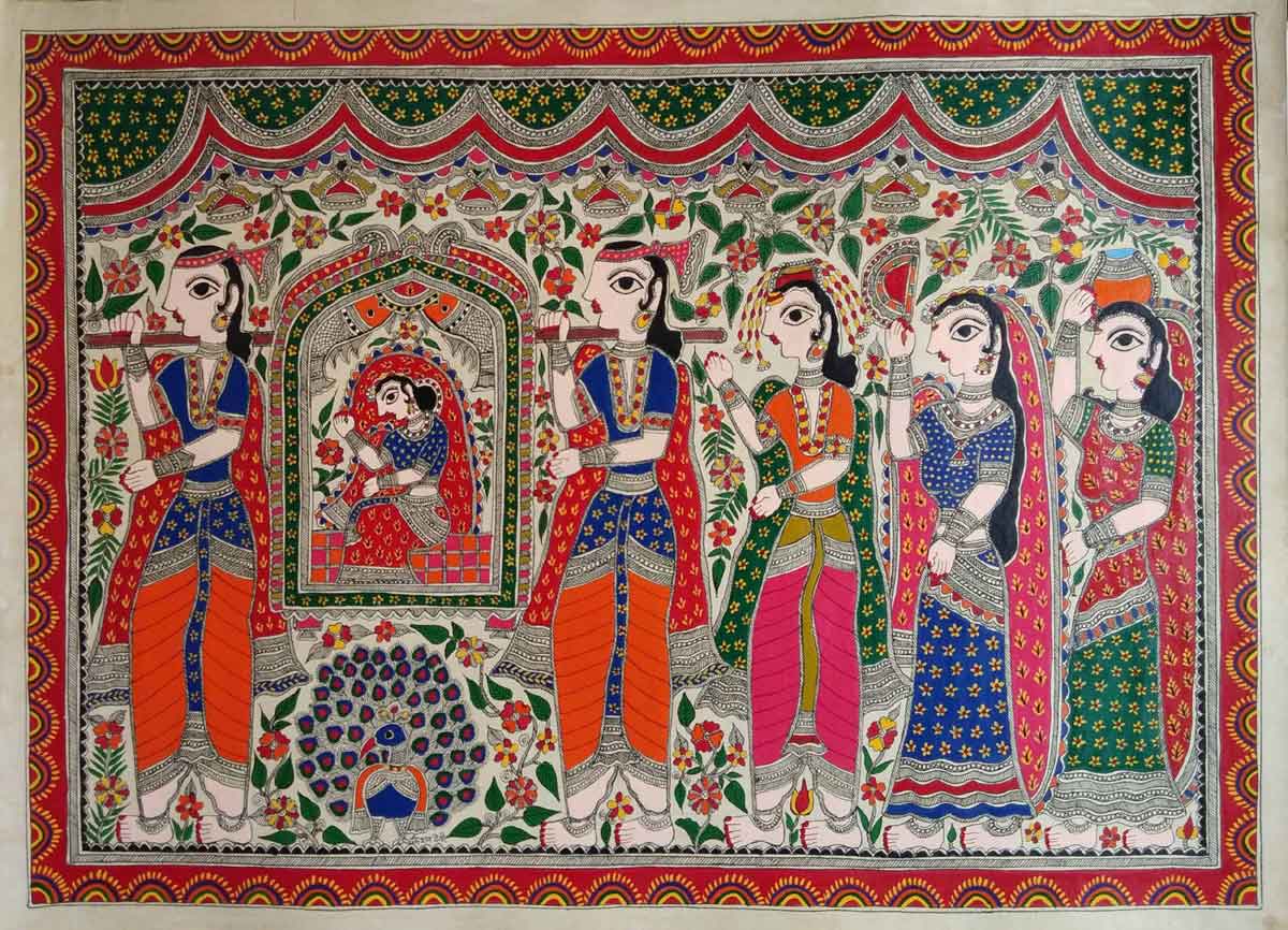 Folk Painting with Watercolor on Paper "Marriage (Doli)" art by Kiran Devi