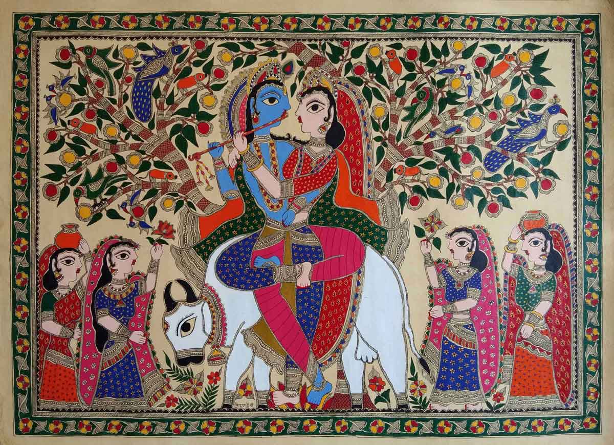 Folk Painting with Watercolor on Paper "Radha-Krishna" art by Kiran Devi