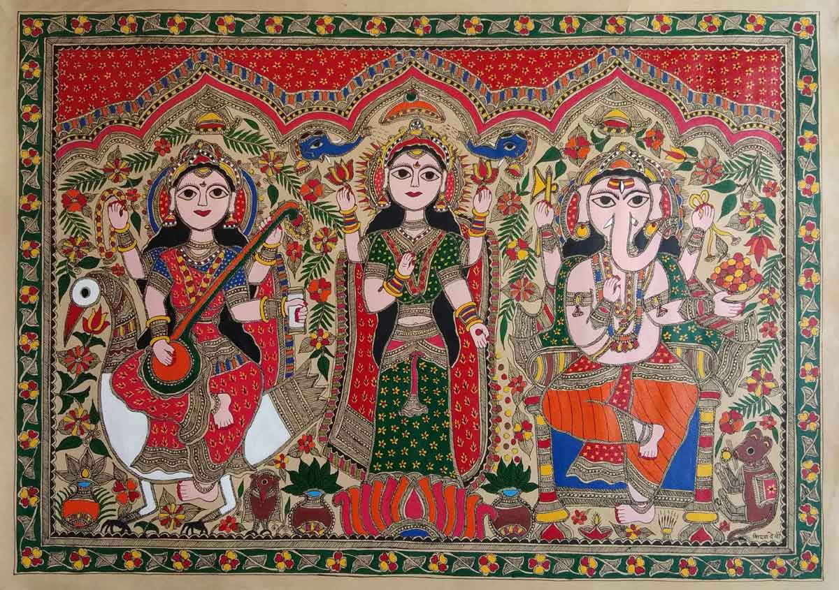 Folk Painting with Watercolor on Paper "Saraswati-Laxmi-Ganesh" art by Kiran Devi
