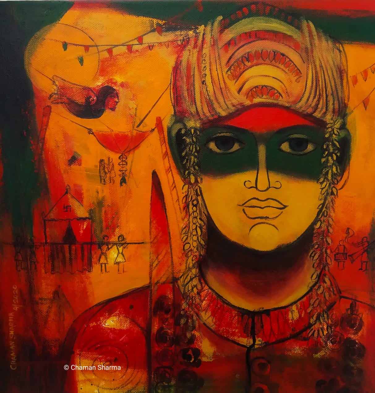 Figurative Painting with Acrylic on Canvas "Fantasy" art by Chaman Sharma