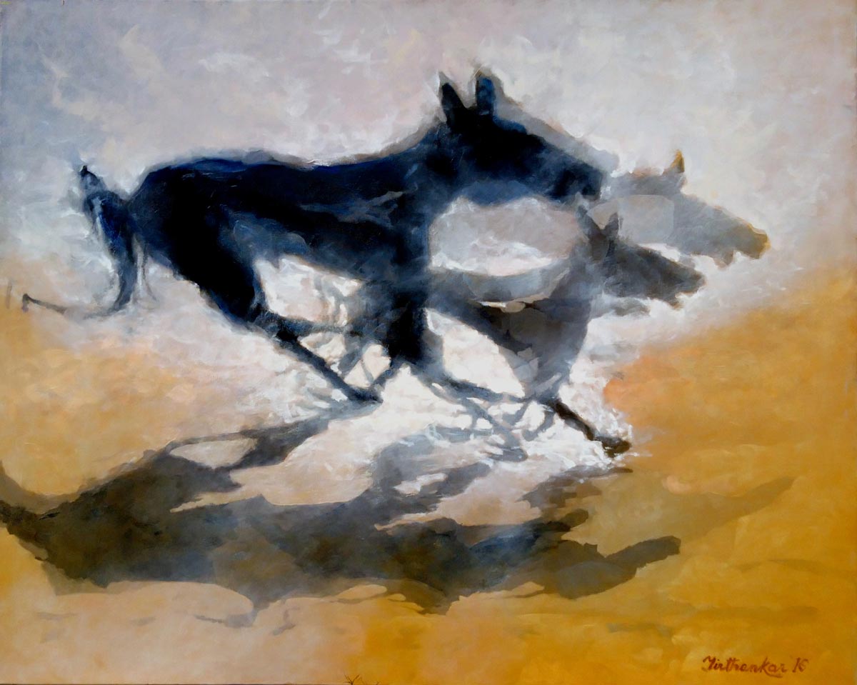 Contemporary Painting with Oil on Canvas "Horse Race" art by Tirthankar Biswas