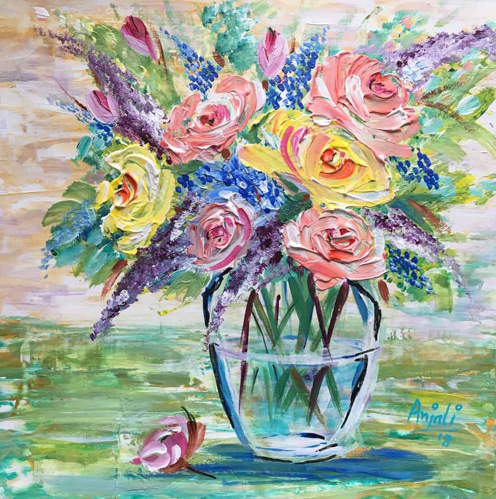 Semi Realistic Painting with Acrylic on Paper "Flowers-3" art by Anjali Mittal