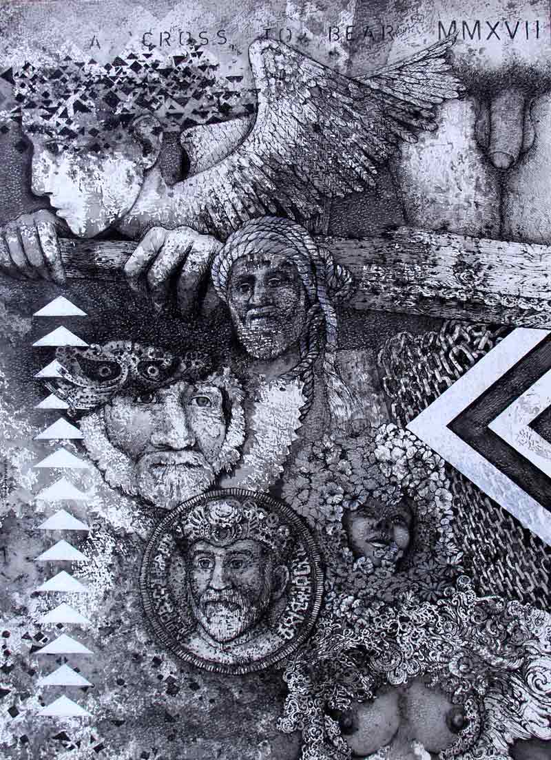 Contemporary Painting with Pen and Ink on Paper "A Cross to Bear" art by Karna Puri