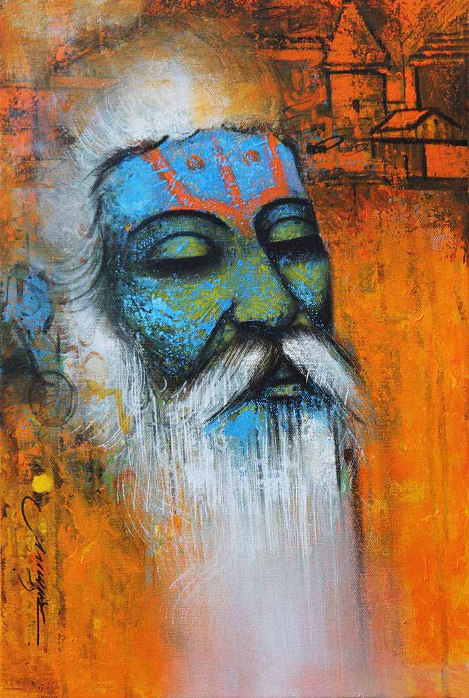 Portraiture Painting with Acrylic on Canvas "Mystic Sadhu" art by Somnath Bothe