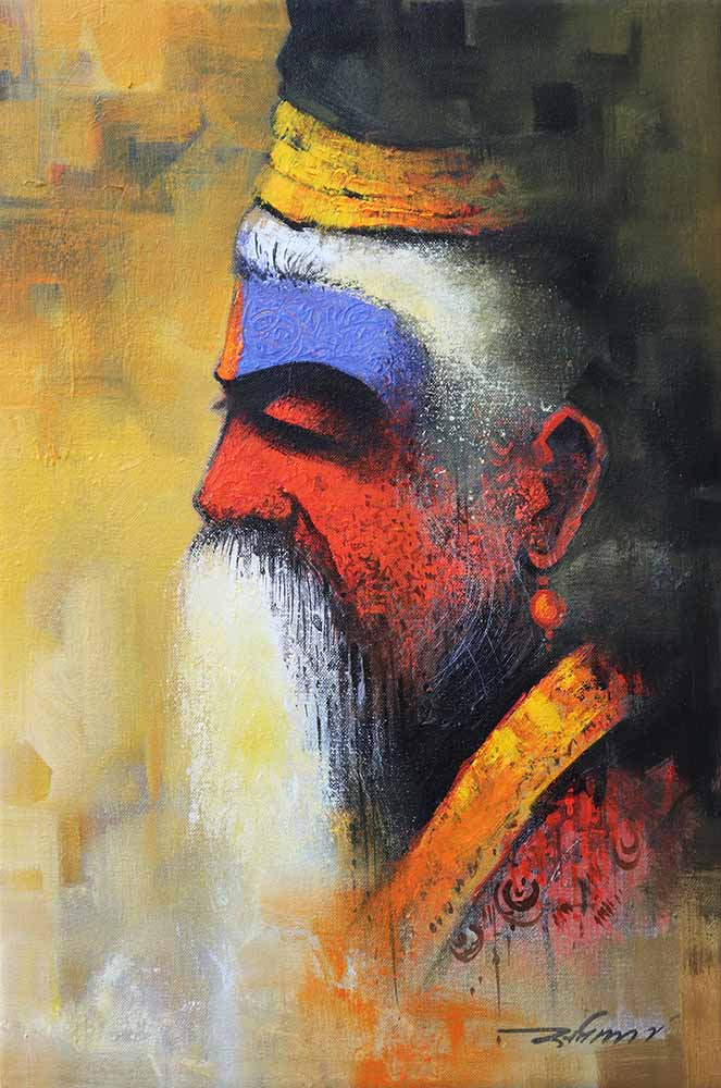 Portraiture Painting with Acrylic on Canvas "Wisdom of the Sadhu" art by Somnath Bothe