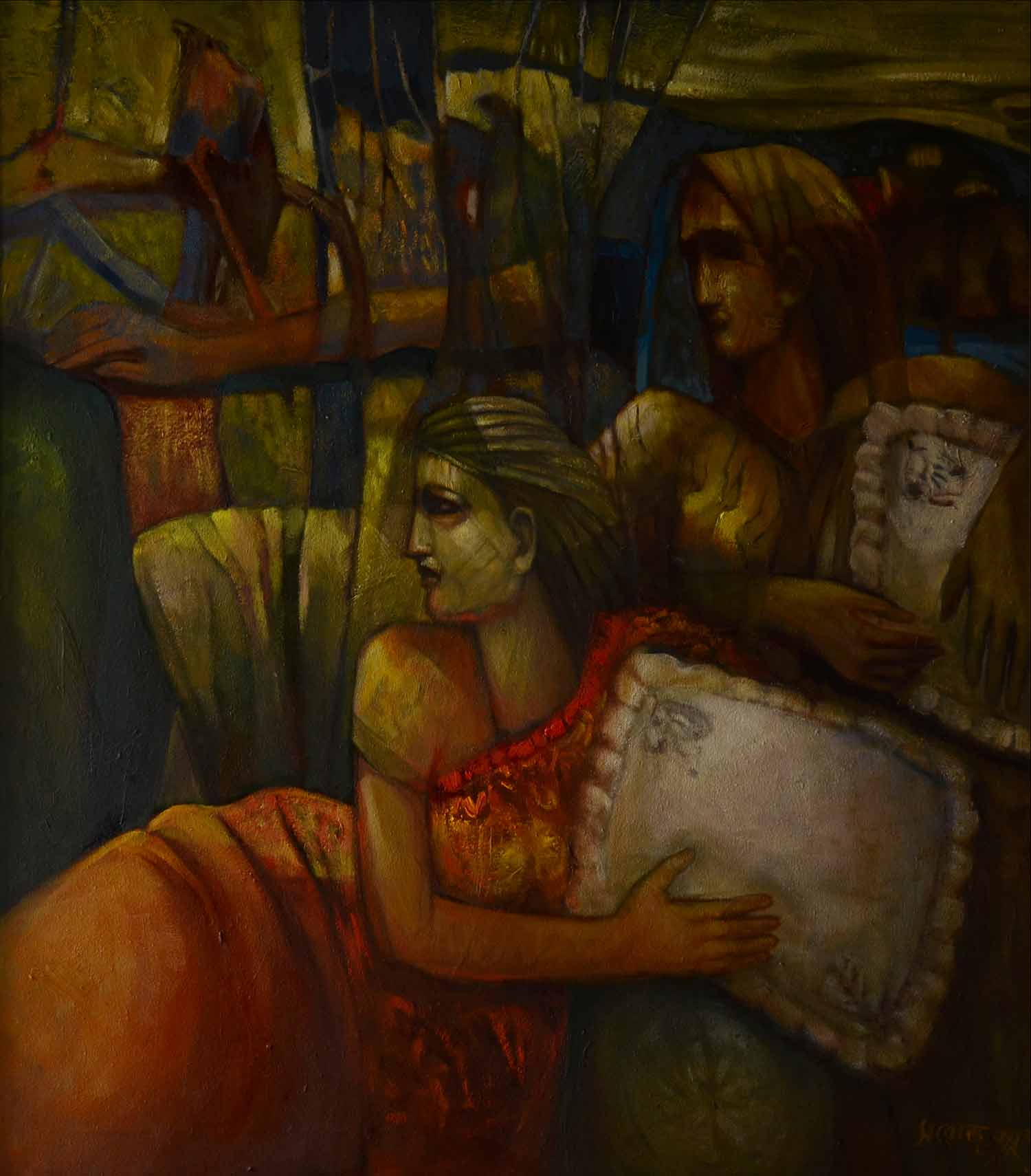 Contemporary Painting with Oil on Canvas "Waiting-1" art by Saroj Basu