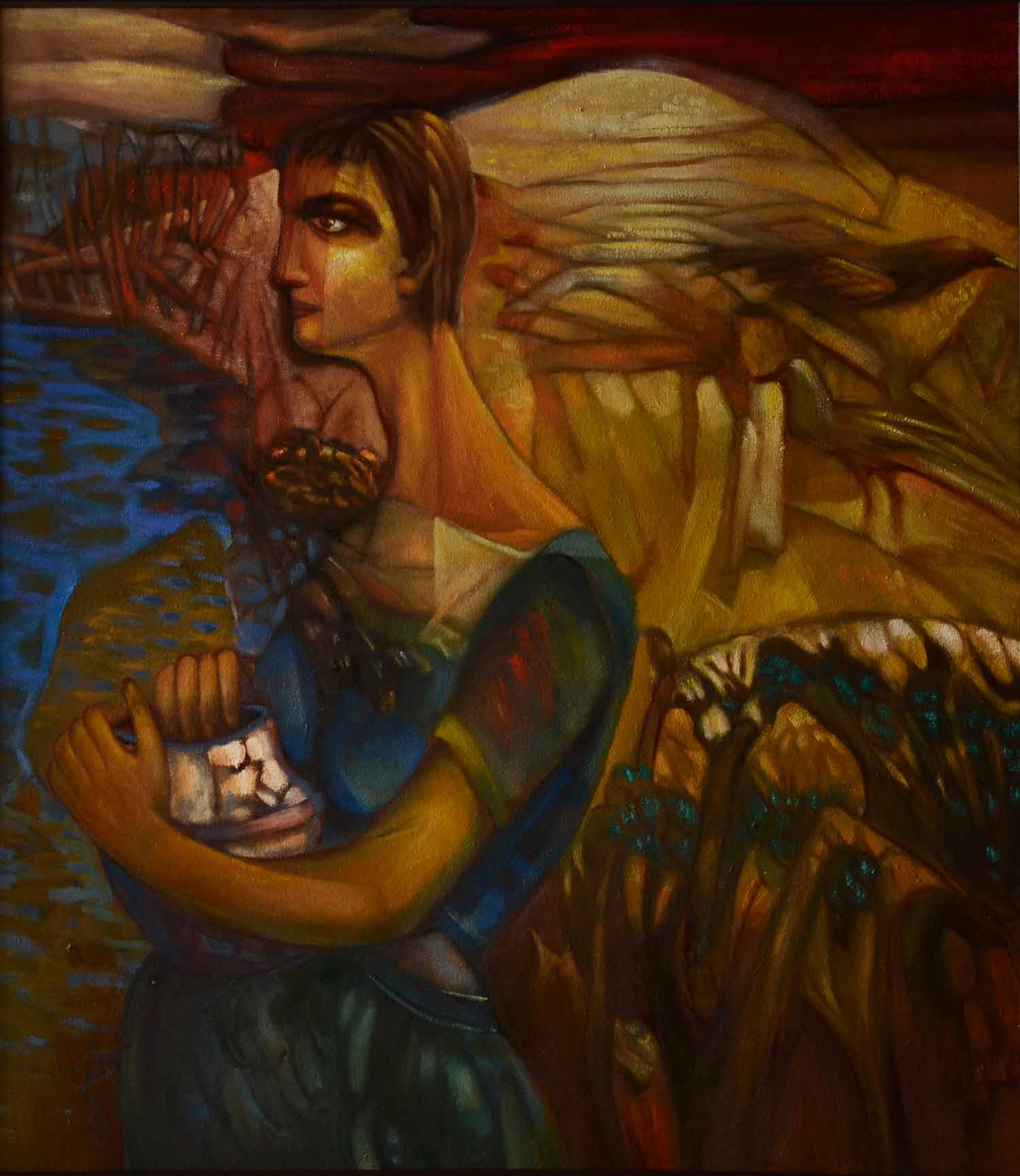Contemporary Painting with Oil on Canvas "Waiting-3" art by Saroj Basu