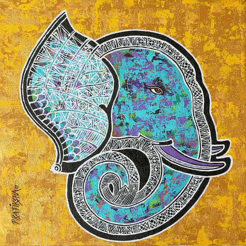 Folk Painting with Acrylic on Canvas "The Elephant Head" art by Pratiksha Bothe