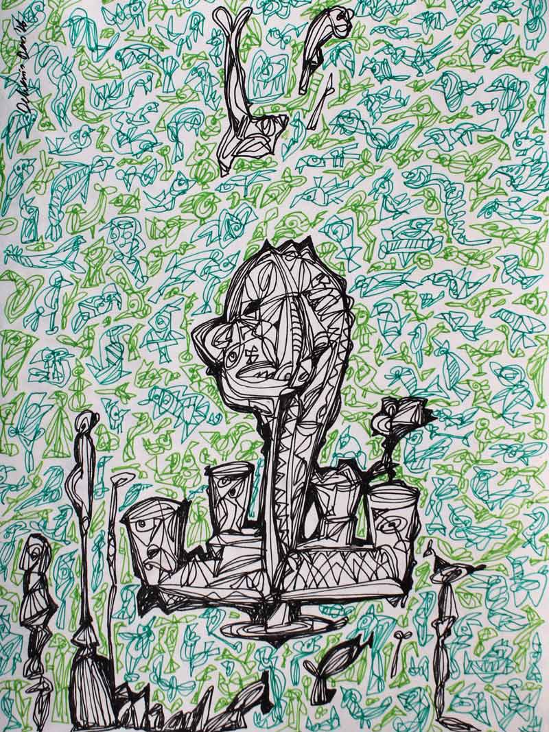 Contemporary Drawing with Pen and Ink on Paper "An Old Fountain" art by Debasis Das