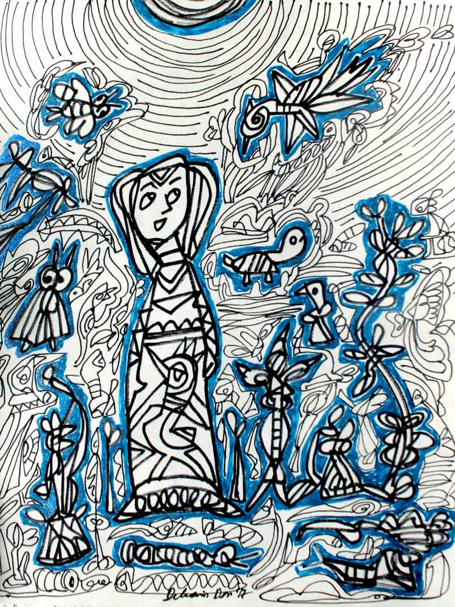 Contemporary Drawing with Pen and Ink on Paper "In Childhood-2" art by Debasis Das