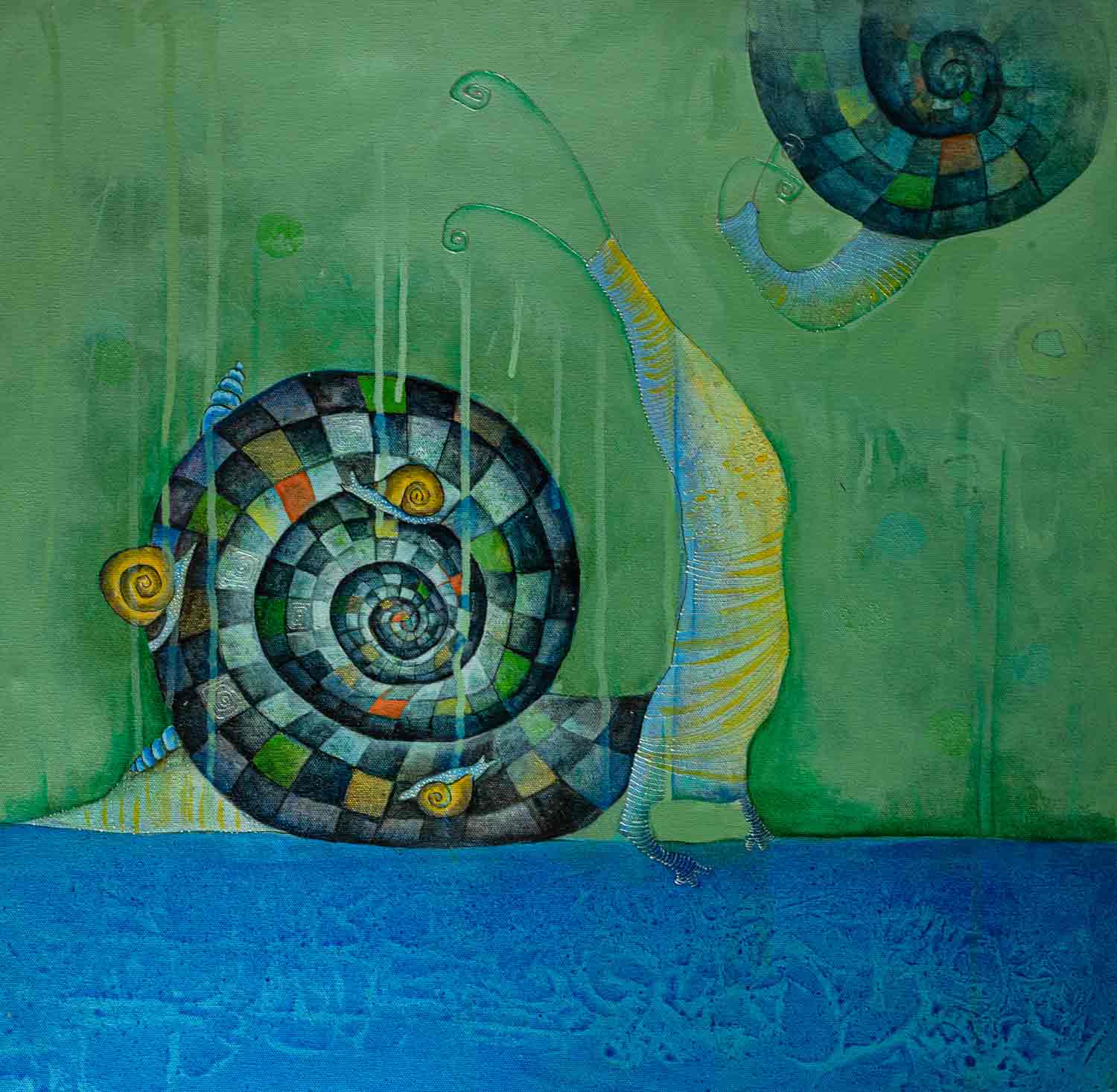 Contemporary Painting with Acrylic on Canvas "Snail Family" art by Pooja Mhatre