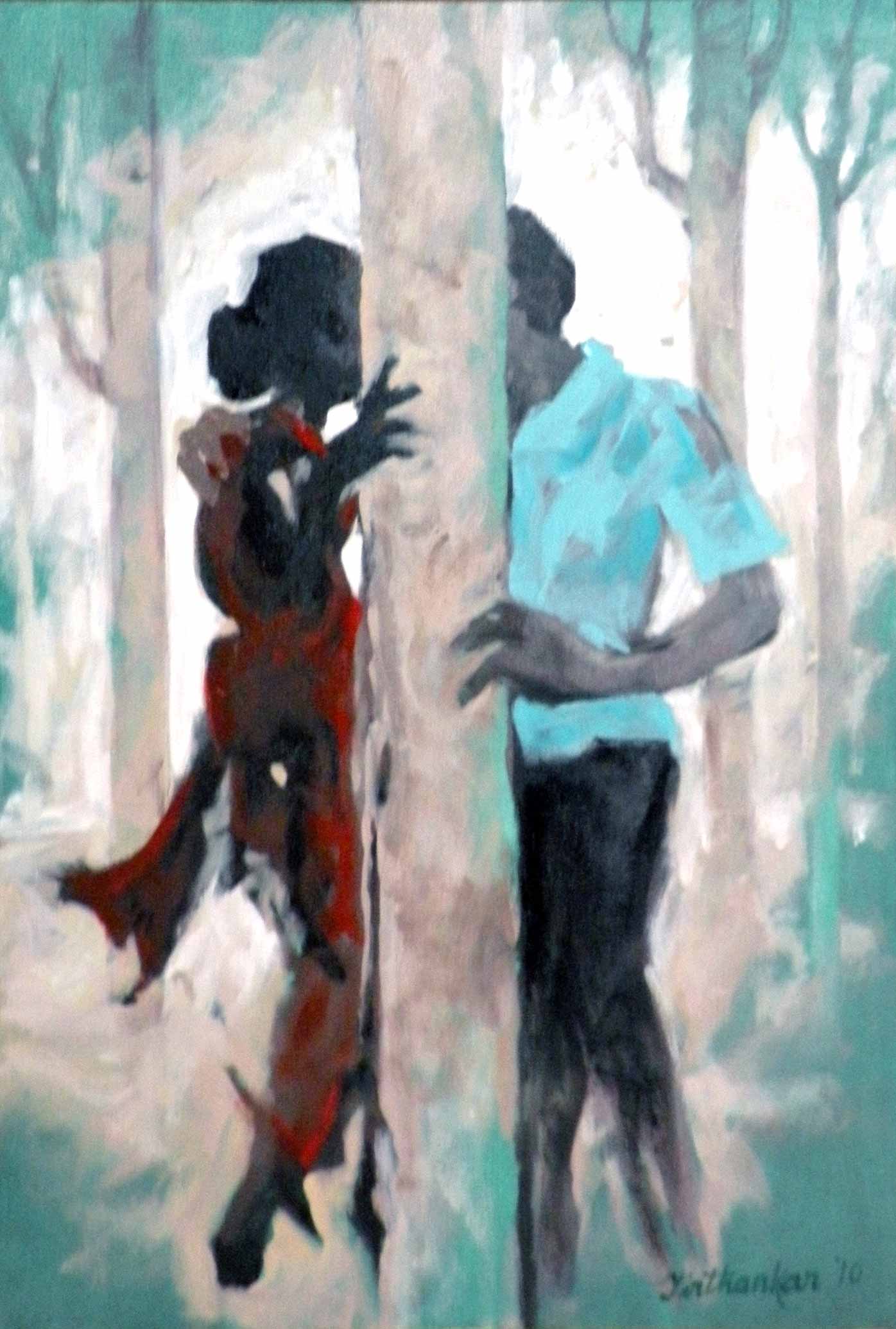 Figurative Painting with Oil on Canvas "Lovers in the Wood" art by Tirthankar Biswas