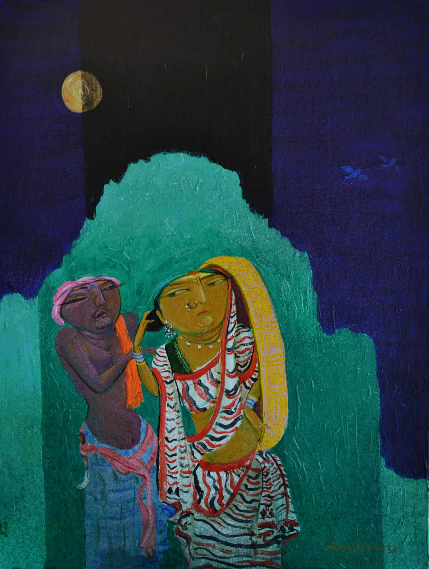 Figurative Painting with Acrylic on Canvas Board "Family" art by Jyoti Prasad Mallick