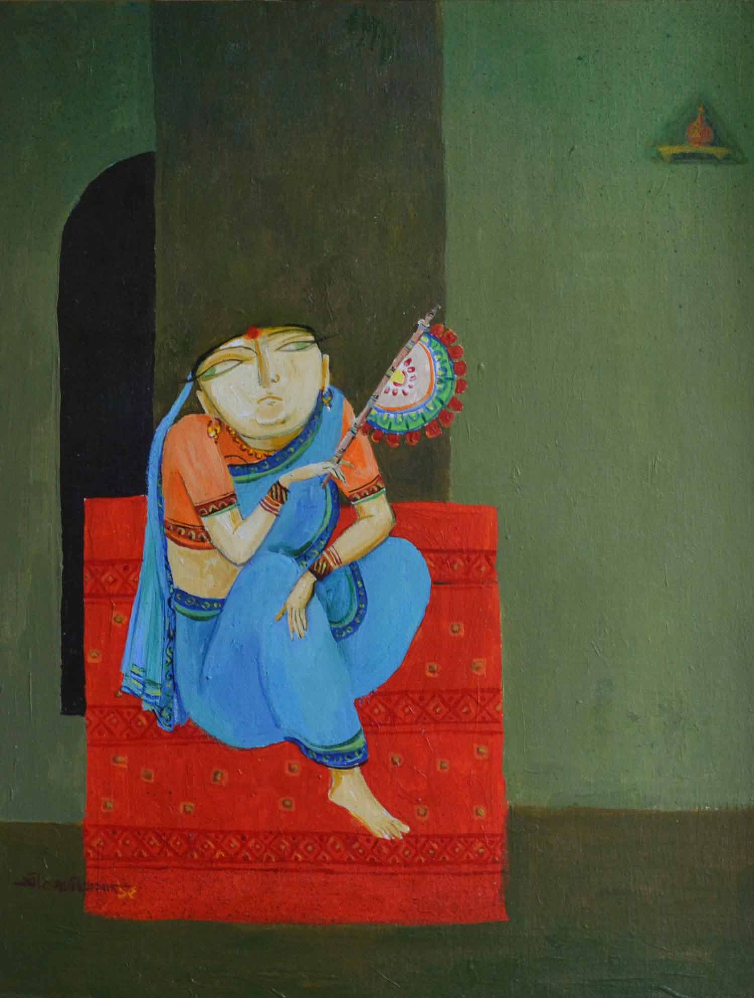 Figurative Painting with Acrylic on Canvas Board "Woman" art by Jyoti Prasad Mallick