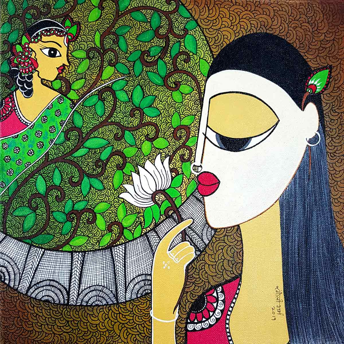 Figurative Painting with Mixed Media on Canvas "Worship" art by Rangoli Garg