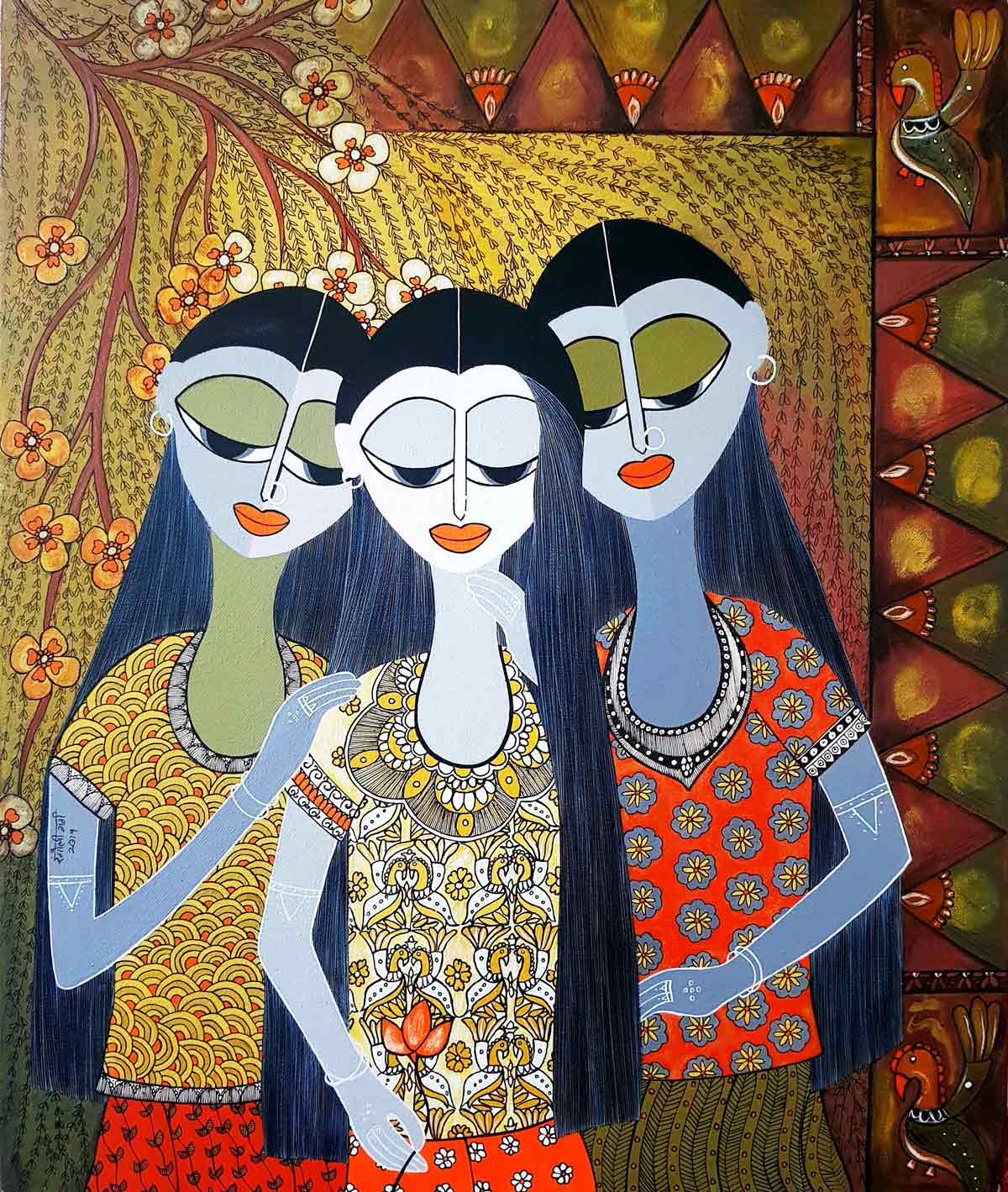 Figurative Painting with Mixed Media on Canvas "Sisterhood" art by Rangoli Garg