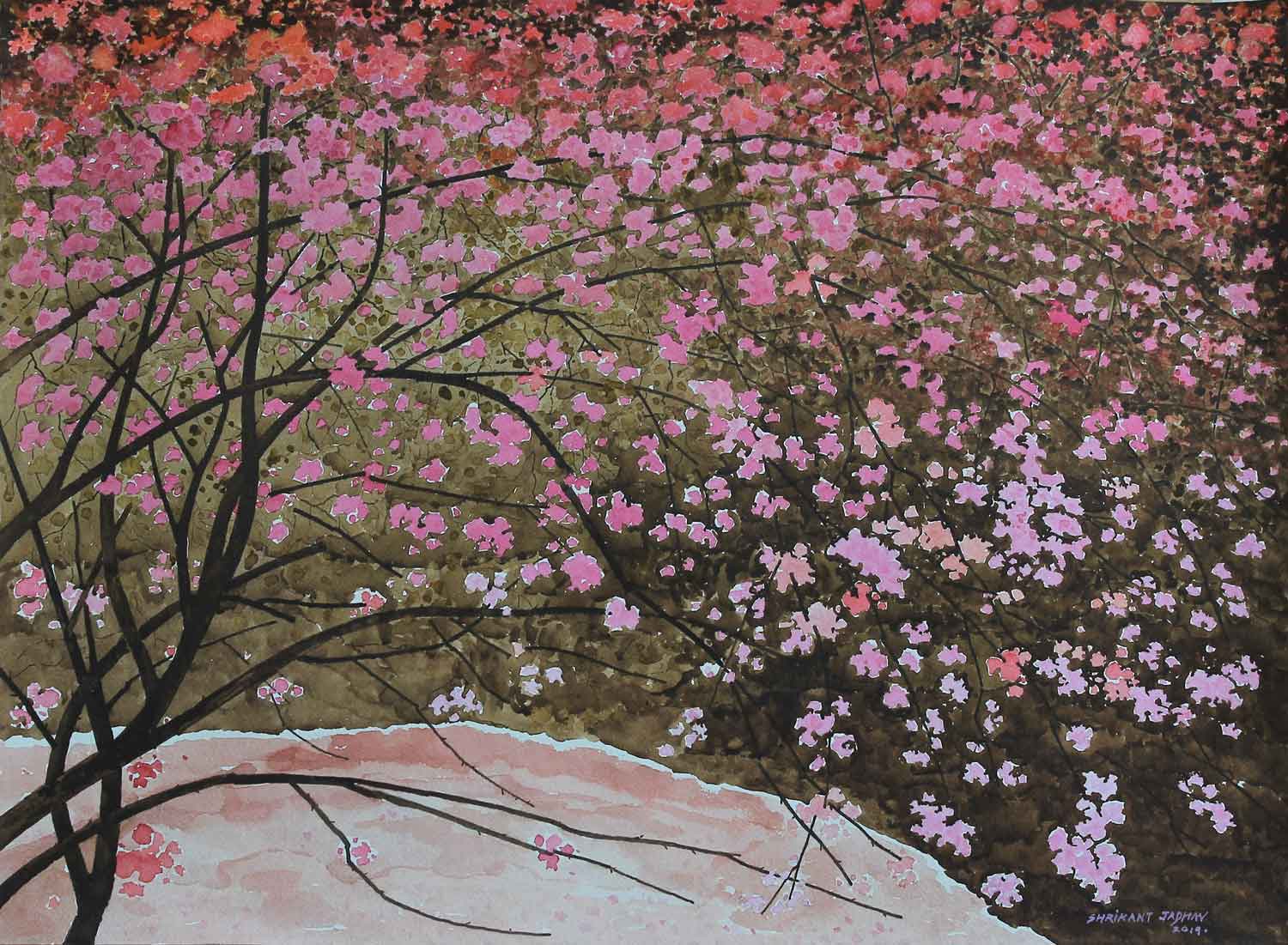 Realism Painting with Acrylic on Canvas "Pink Blossom" art by Shrikant Gajanan Jadhav