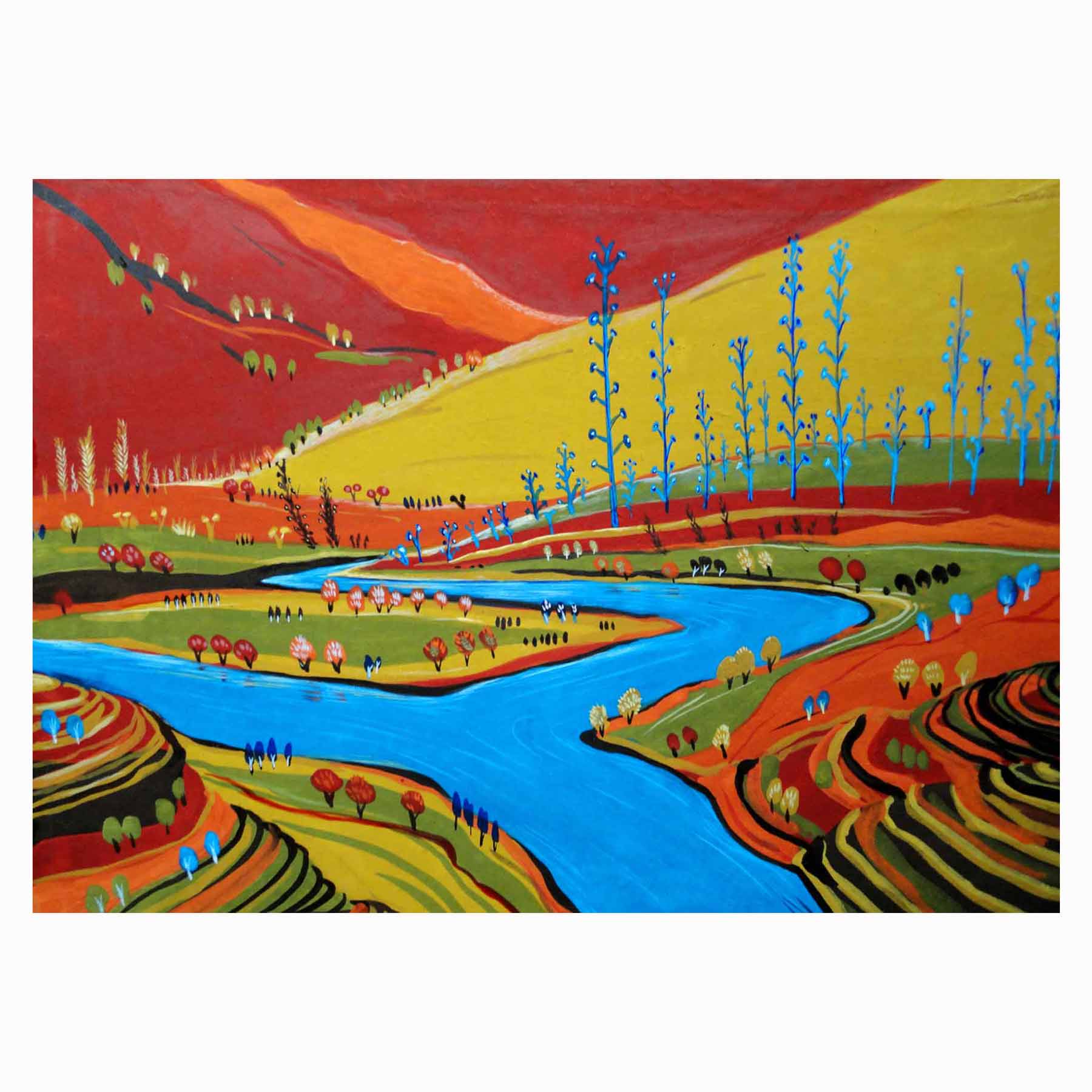 Contemporary Painting with Tempera on Paper "Landscape-1" art by Goutam Pramanick