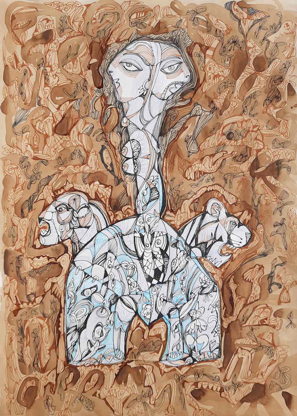 Contemporary Drawing with Mixed Media on Paper "The Bonding Story" art by Debasis Das