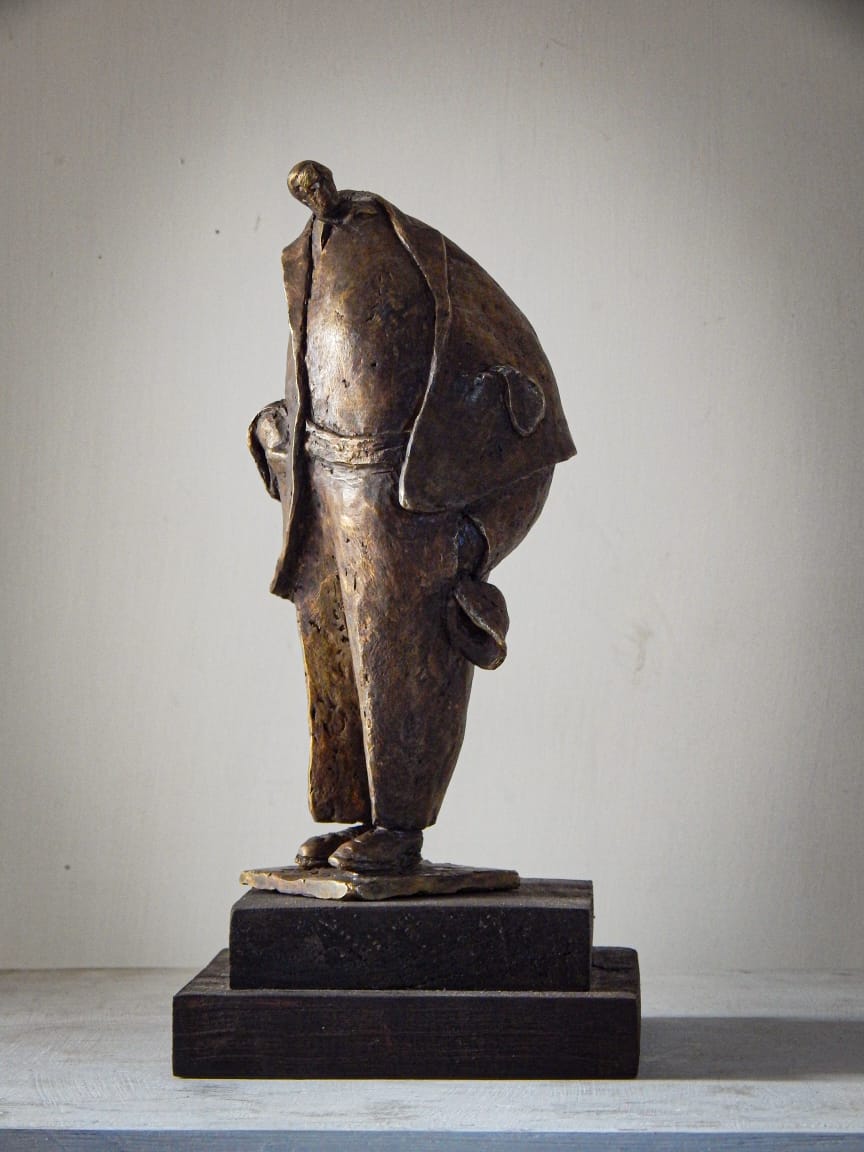 Figurative Sculpture with Bronze"Not Out" art by Prabir Roy