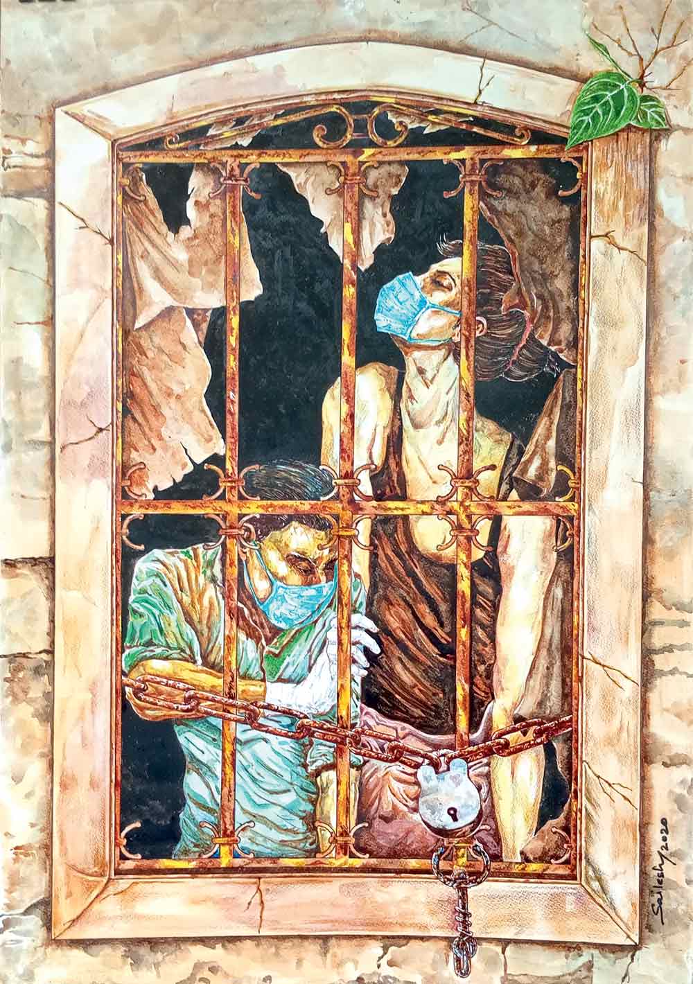 Figurative Drawing with Mixed Media on Paper "Lockdown-1" art by Sailesh Bose