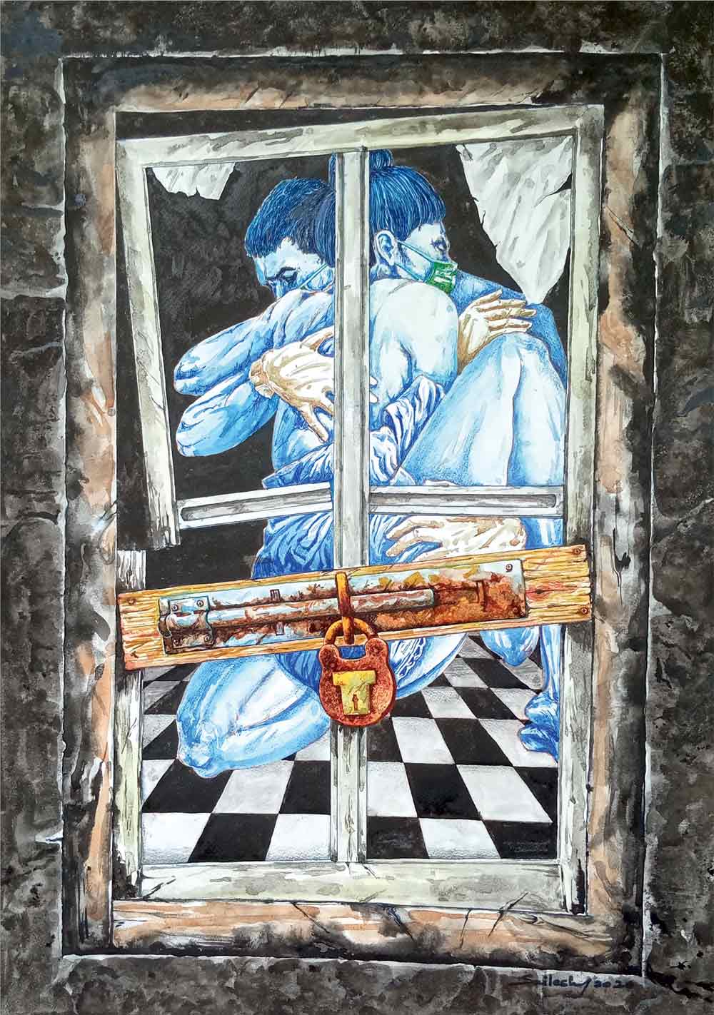 Figurative Drawing with Mixed Media on Paper "Lockdown-2" art by Sailesh Bose