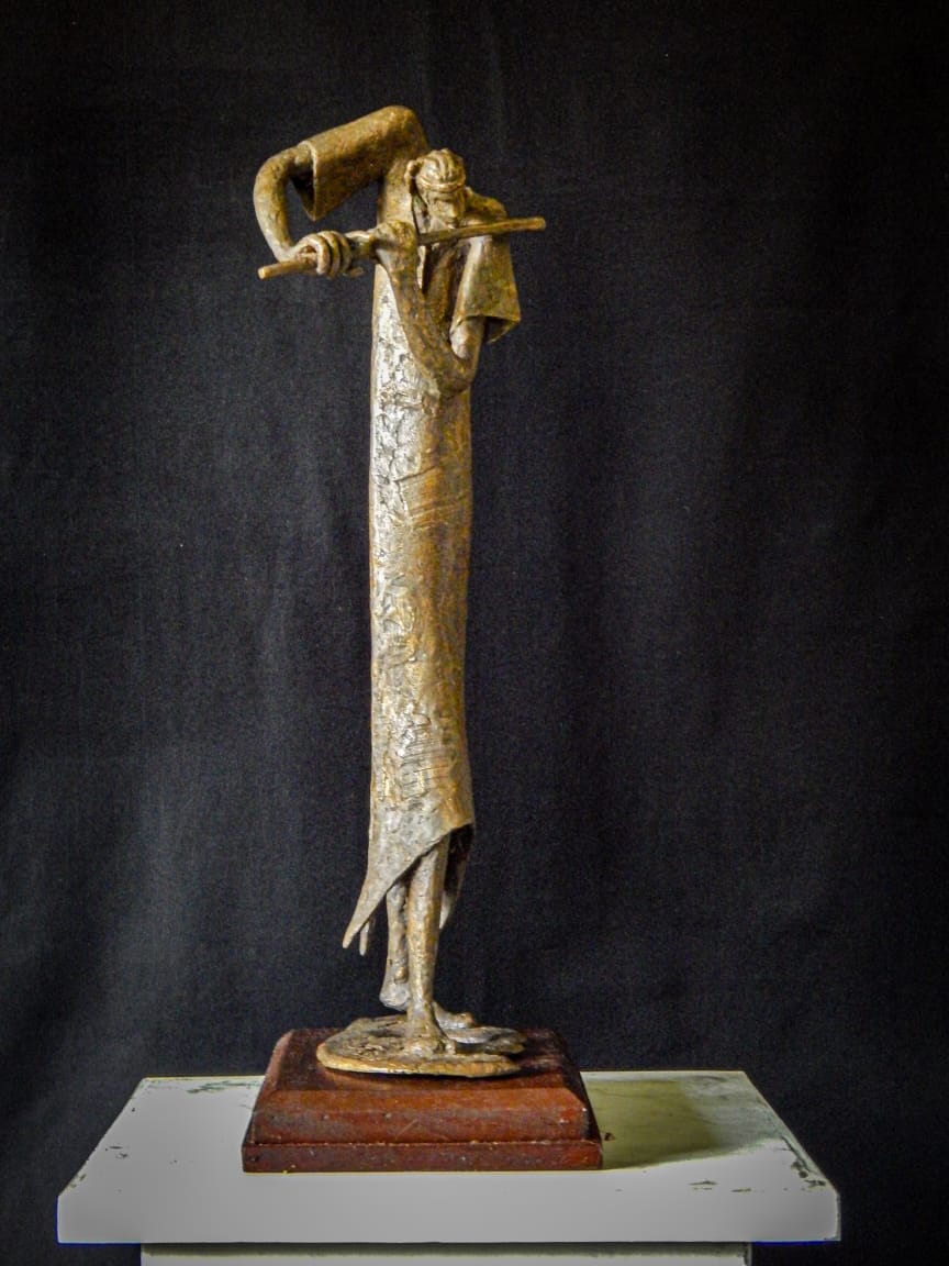 Figurative Sculpture with Bronze"Flute Player" art by Prabir Roy