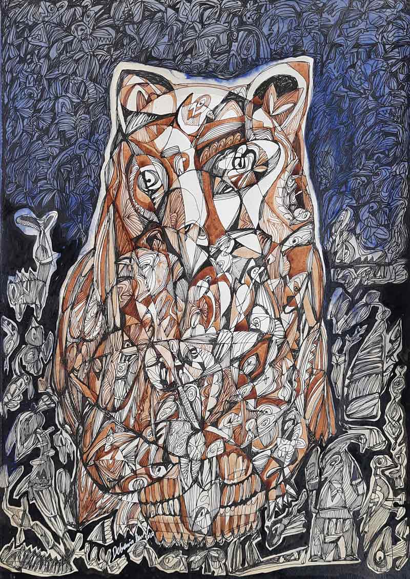 Contemporary Drawing with Mixed Media on Paper "The Night Watcher" art by Debasis Das