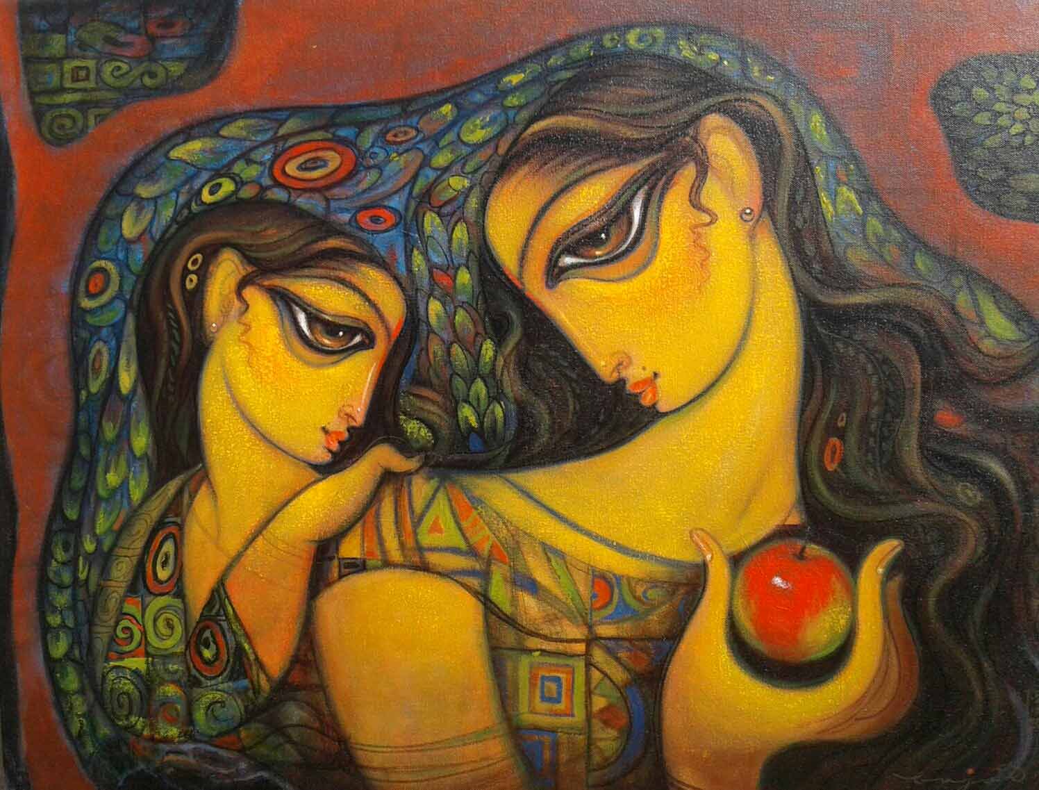 Figurative Painting with Acrylic on Canvas "Mother and Daughter-2" art by Ramesh P Gujar