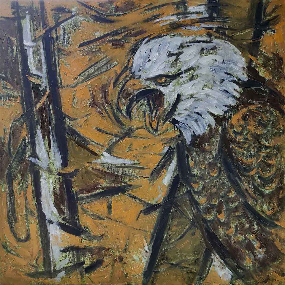 Semi Figurative Painting with Oil on Canvas "Eagle" art by Santoshkumar Patil