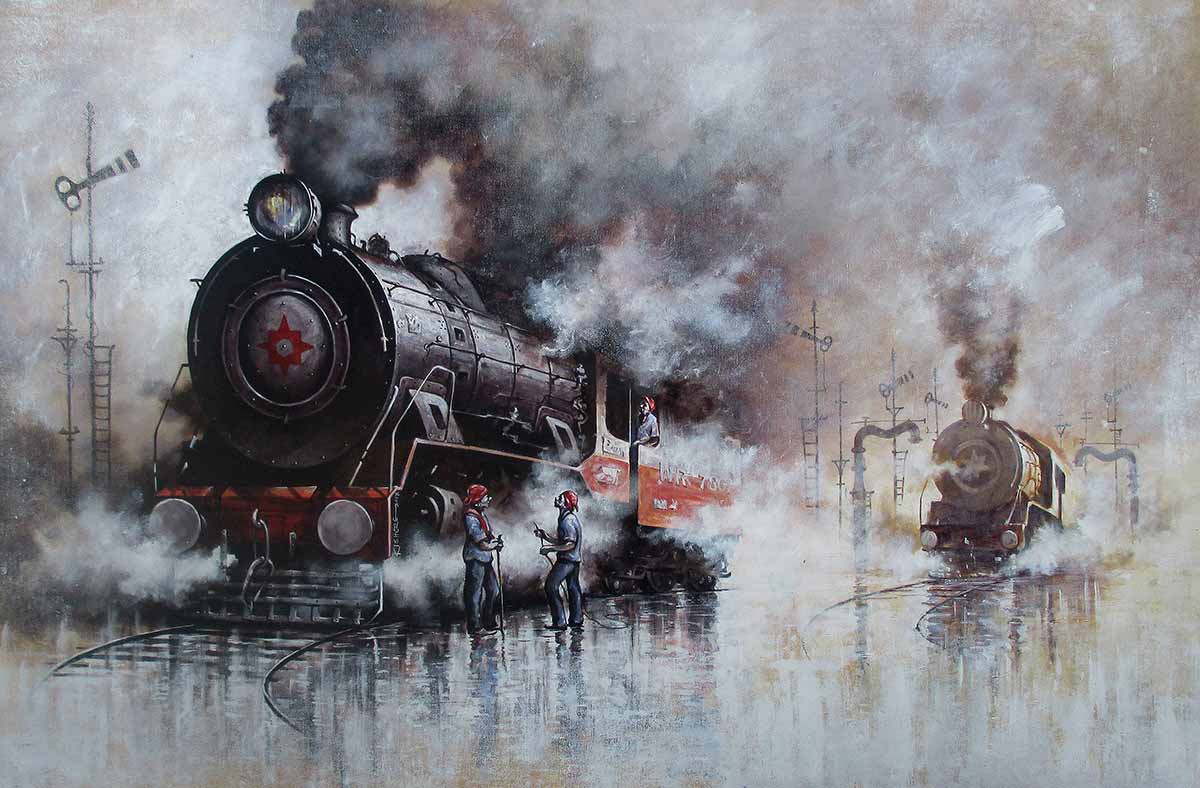 Realism Painting with Acrylic on Canvas "Locomotives-31" art by Kishore Pratim Biswas