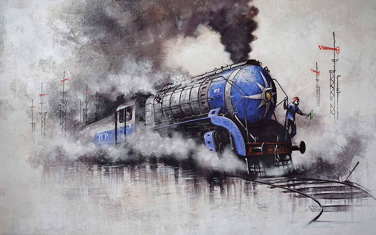 Realism Painting with Acrylic on Canvas "Locomotives-47" art by Kishore Pratim Biswas