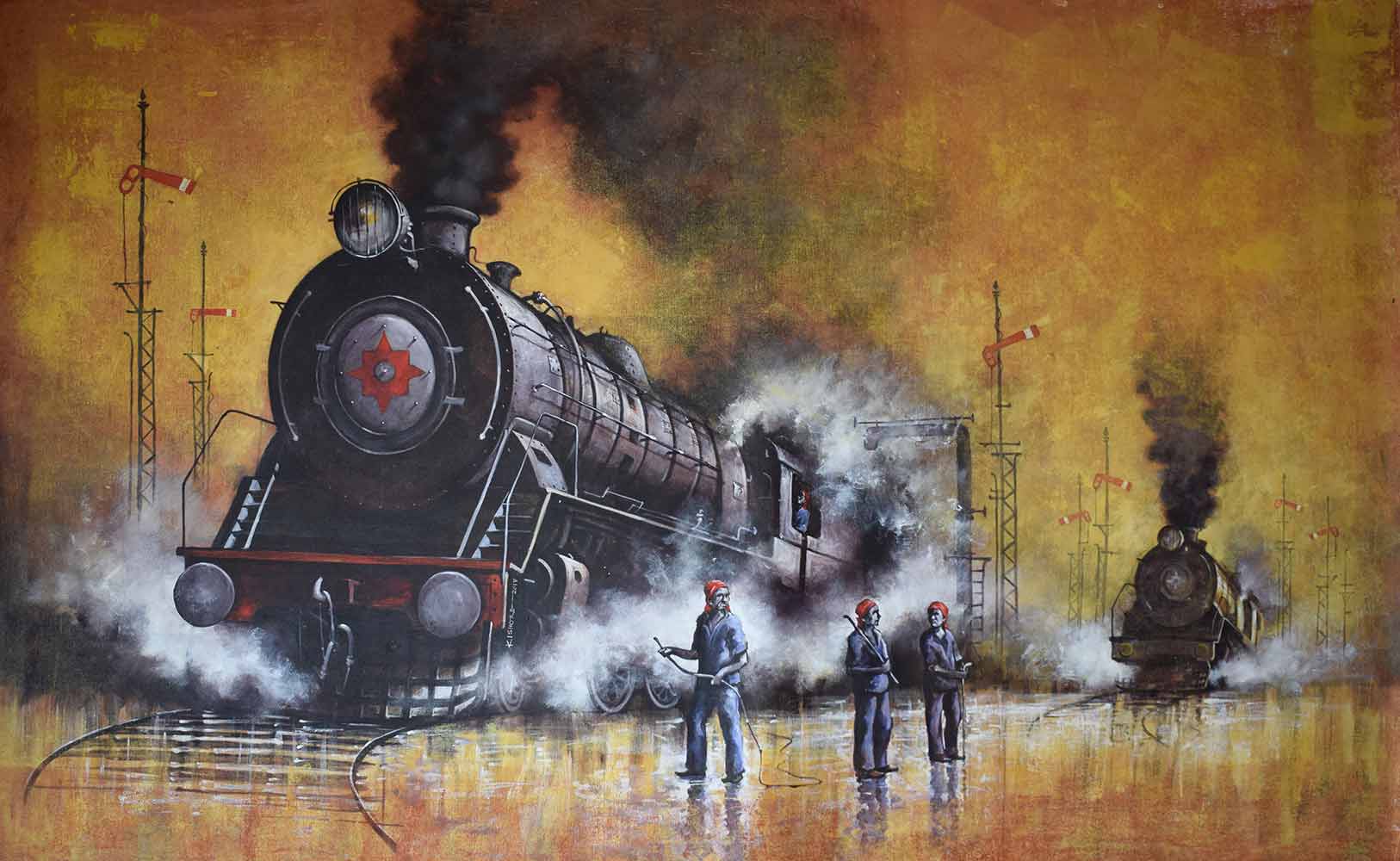 Realism Painting with Acrylic on Canvas "Locomotives-35" art by Kishore Pratim Biswas