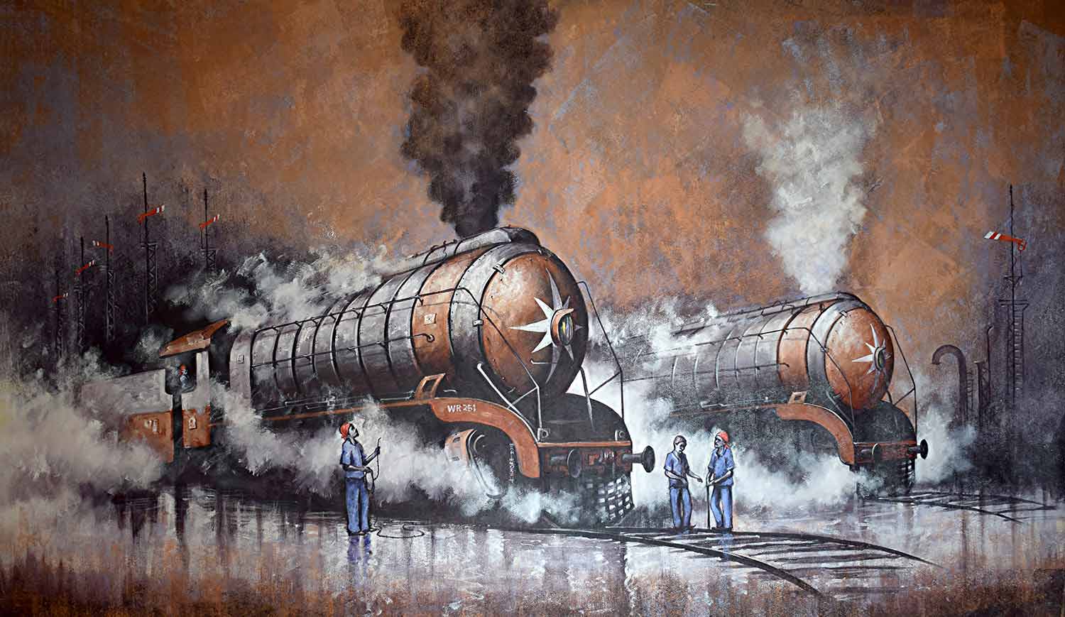 Figurative Painting with Acrylic on Canvas "Locomotives-41" art by Kishore Pratim Biswas