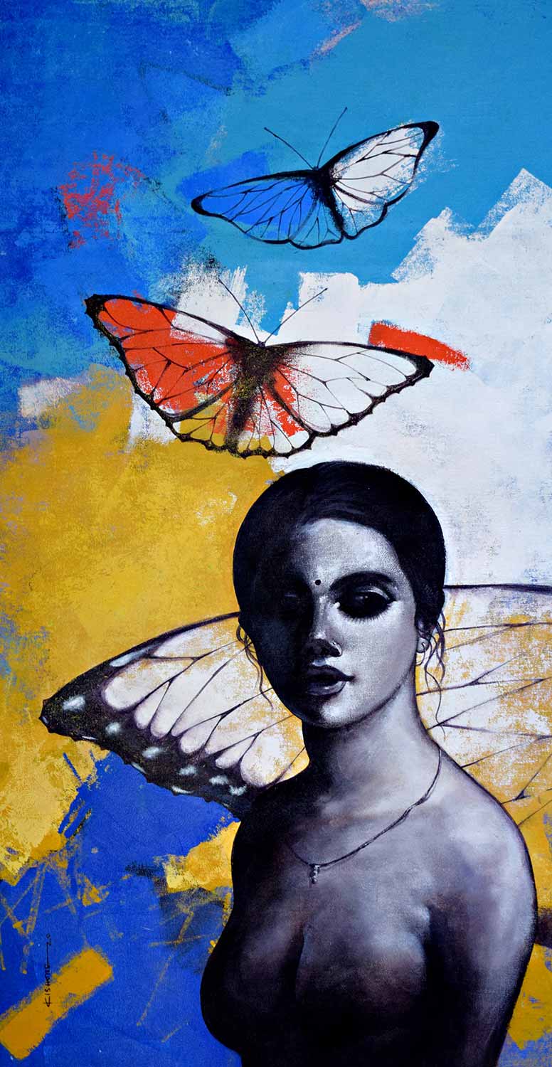 Figurative Painting with Acrylic on Canvas "Freedom of Beauty-13" art by Kishore Pratim Biswas