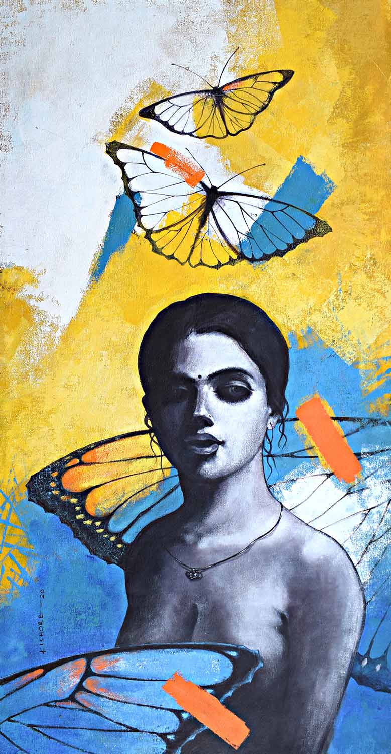Figurative Painting with Acrylic on Canvas "Freedom of Beauty-17" art by Kishore Pratim Biswas