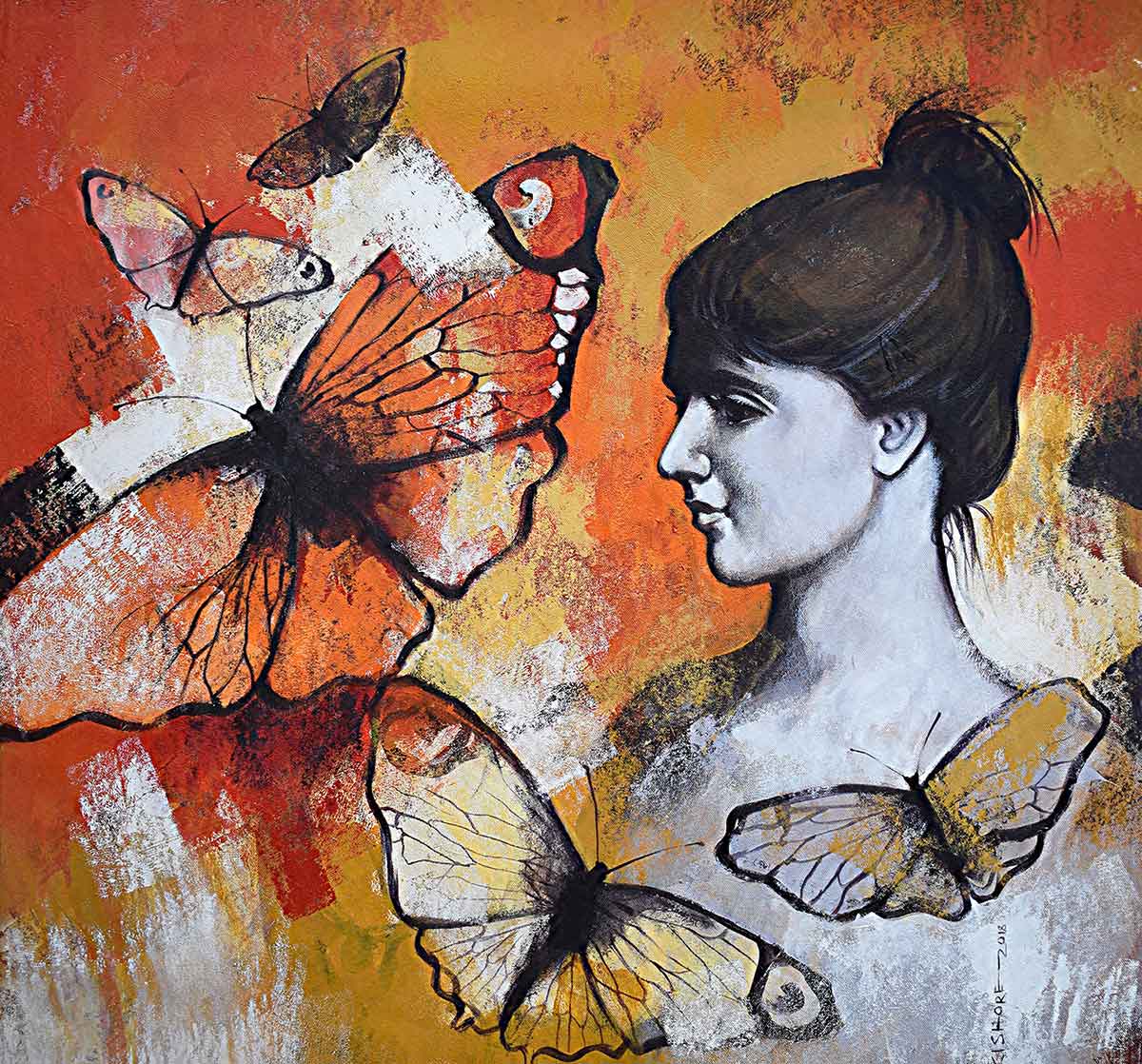 Figurative Painting with Acrylic on Canvas "Freedom of Beauty-3" art by Kishore Pratim Biswas