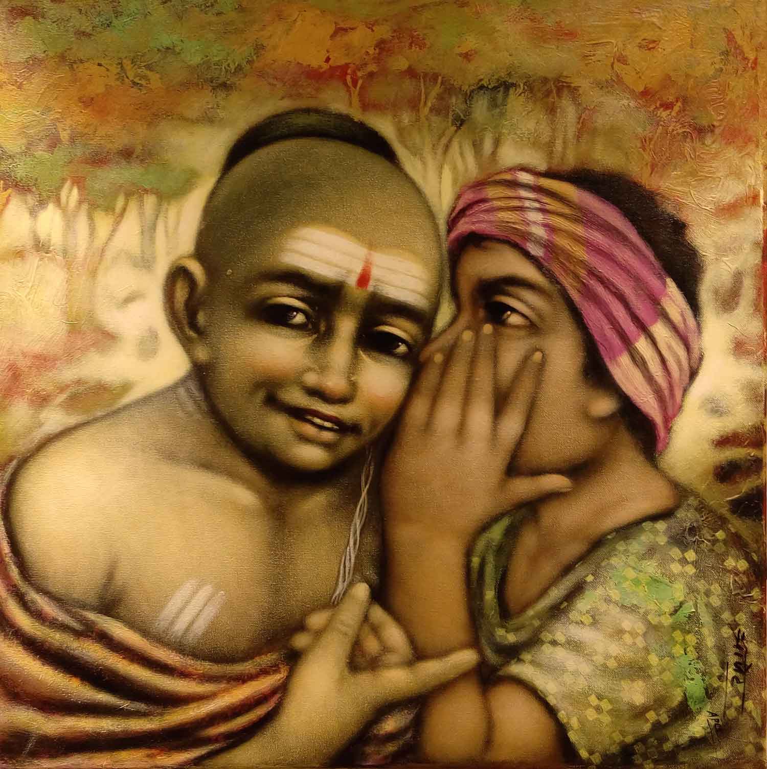Figurative Painting with Acrylic on Canvas "Gossip" art by Pramod Apet