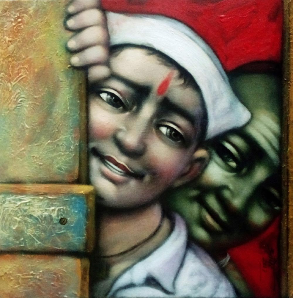 Figurative Painting with Acrylic on Canvas "Boys" art by Pramod Apet