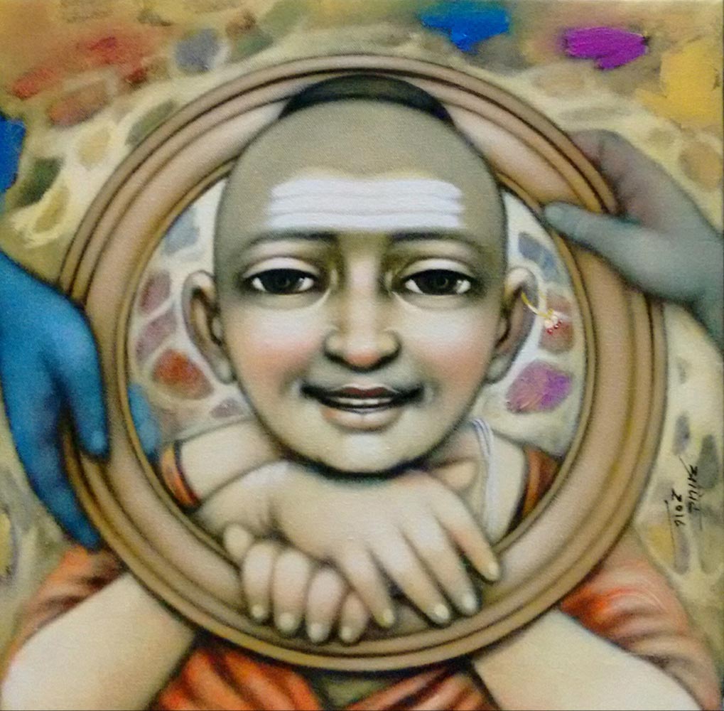 Figurative Painting with Acrylic on Canvas "Circle Frame" art by Pramod Apet