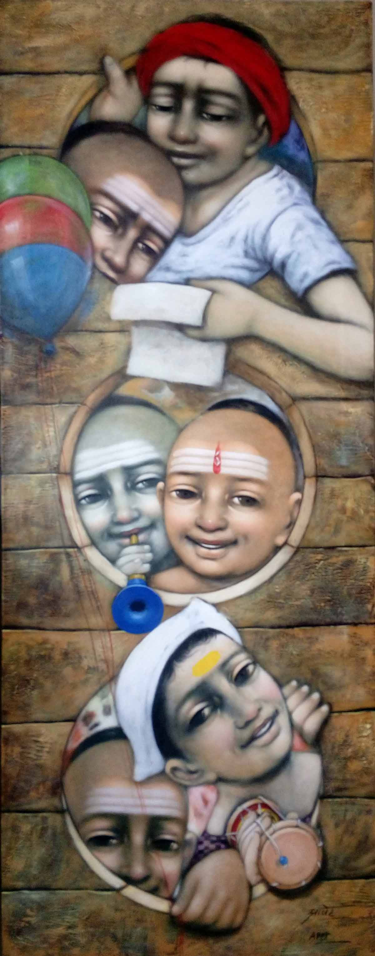 Figurative Painting with Acrylic on Canvas "Three Windows" art by Pramod Apet