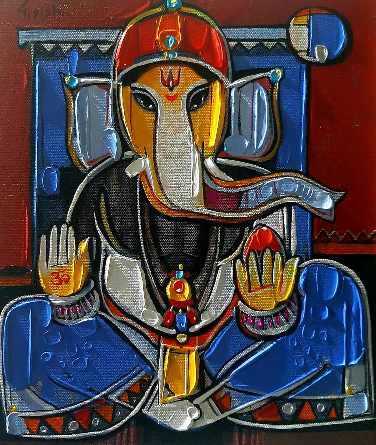 Figurative Painting with Acrylic on Canvas Board "Ganesha" art by Girish Adannavar 