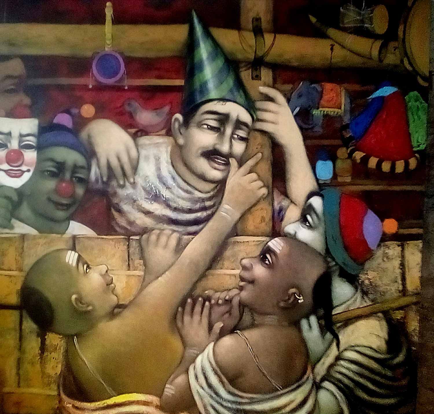 Figurative Painting with Acrylic on Canvas "Toys Seller" art by Pramod Apet