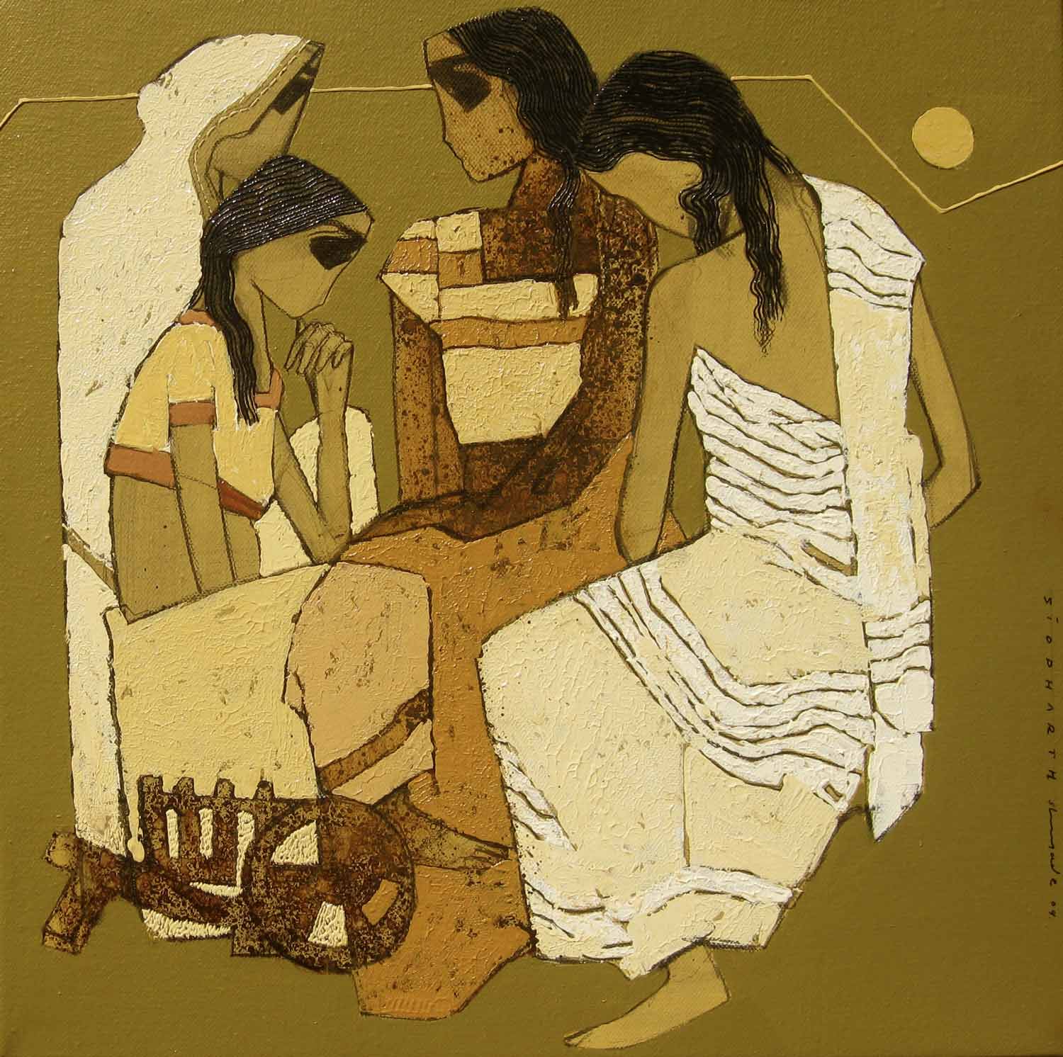 Figurative Painting with Acrylic on Canvas "Gossiping" art by Siddharth Shingade