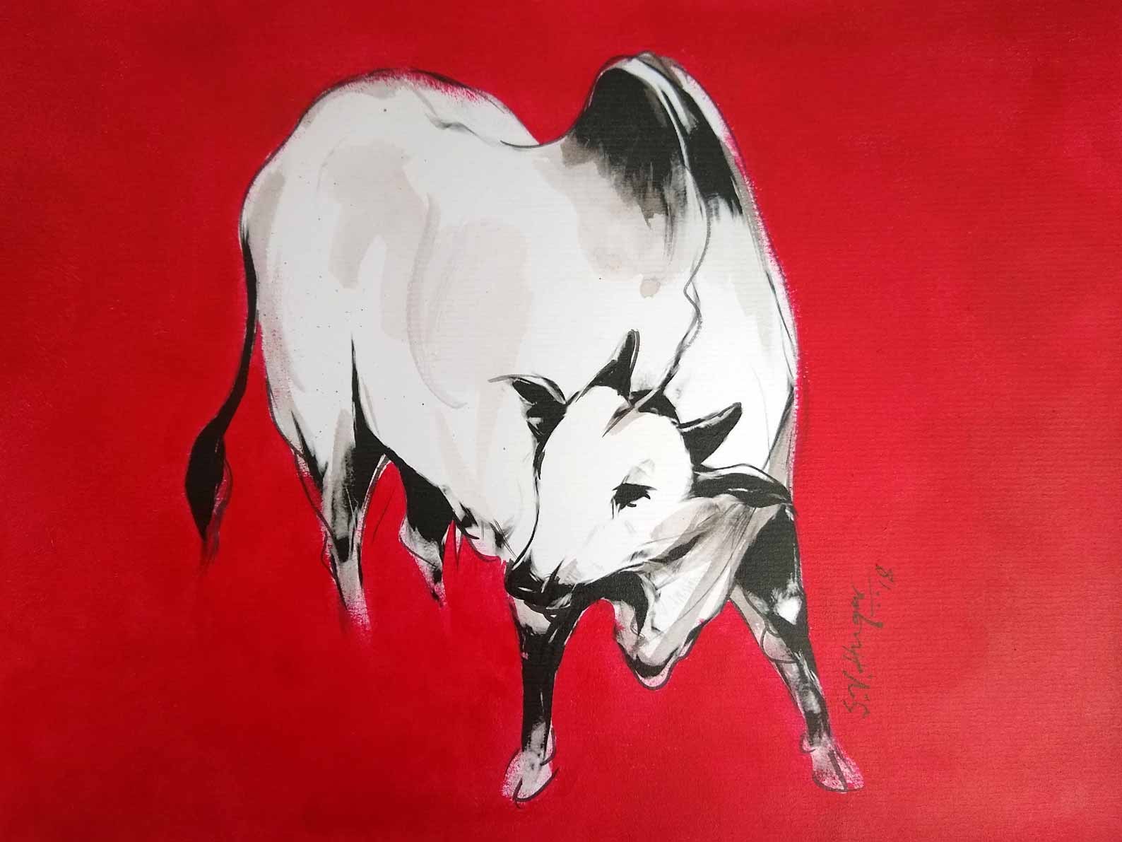 Figurative Painting with Mixed Media on Paper "Bull-1" art by S V Hugar
