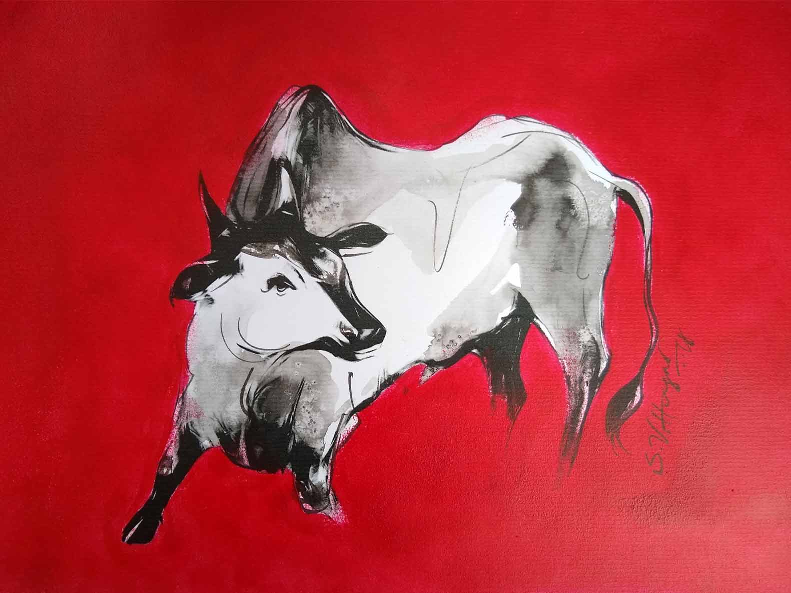 Figurative Painting with Mixed Media on Paper "Bull-2" art by S V Hugar